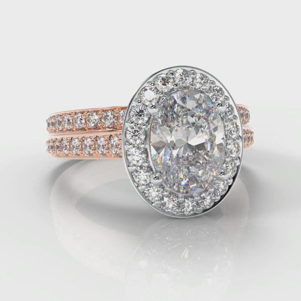 Pavé Oval Diamond Halo Bridal Set - Two Tone Rose Gold