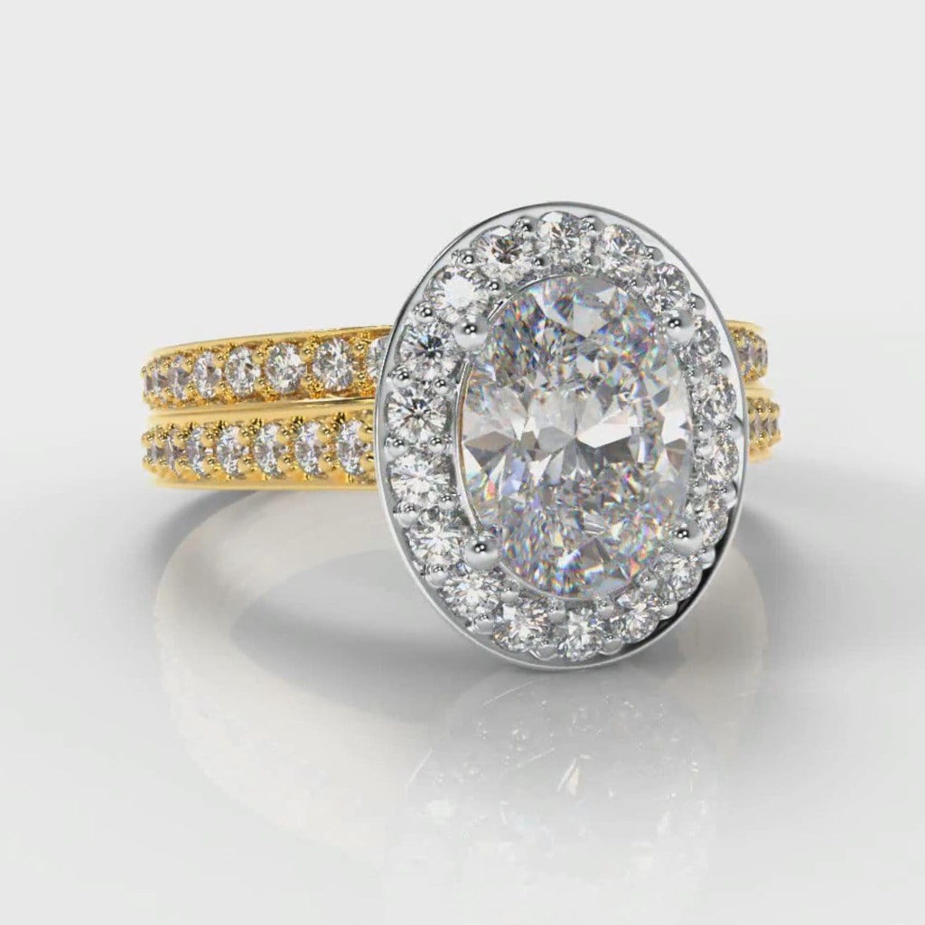 Pavé Oval Diamond Halo Bridal Set - Two Tone Yellow Gold
