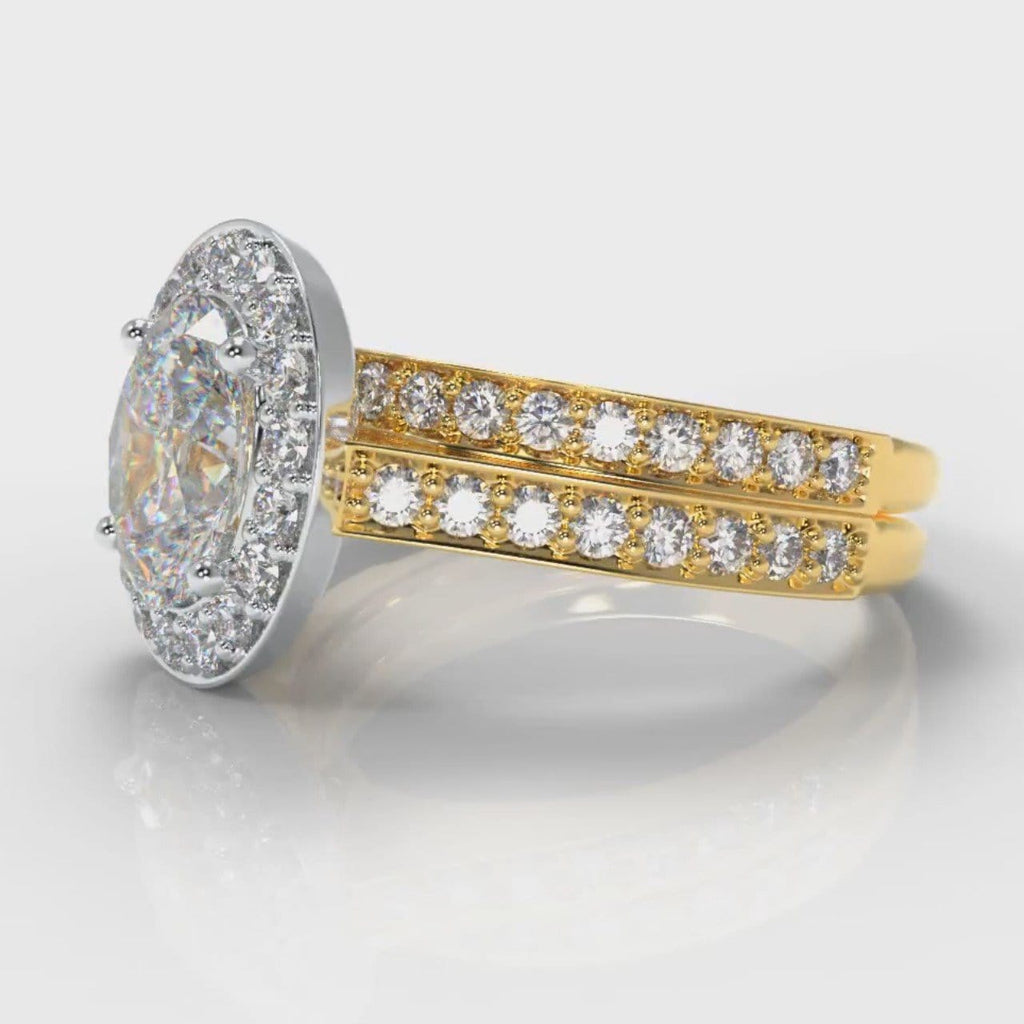 Pavé Oval Diamond Halo Bridal Set - Two Tone Yellow Gold
