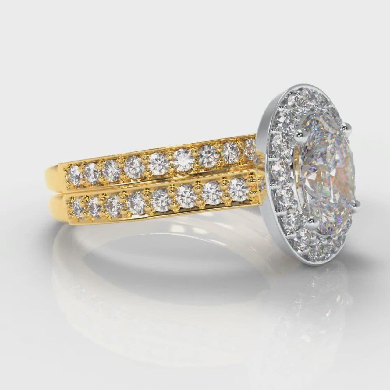 Pavé Oval Diamond Halo Bridal Set - Two Tone Yellow Gold