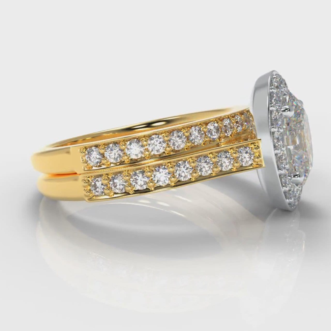 Pavé Oval Diamond Halo Bridal Set - Two Tone Yellow Gold