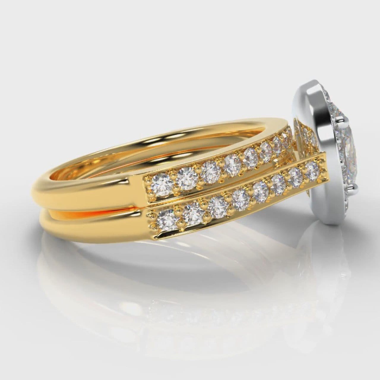 Pavé Oval Diamond Halo Bridal Set - Two Tone Yellow Gold