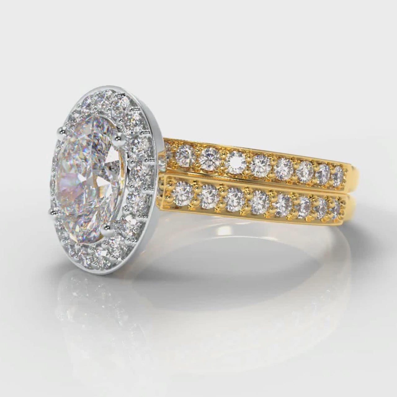 Pavé Oval Diamond Halo Bridal Set - Two Tone Yellow Gold