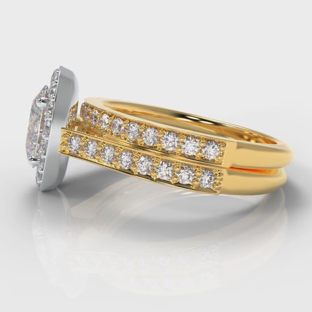 Pavé Oval Diamond Halo Bridal Set - Two Tone Yellow Gold