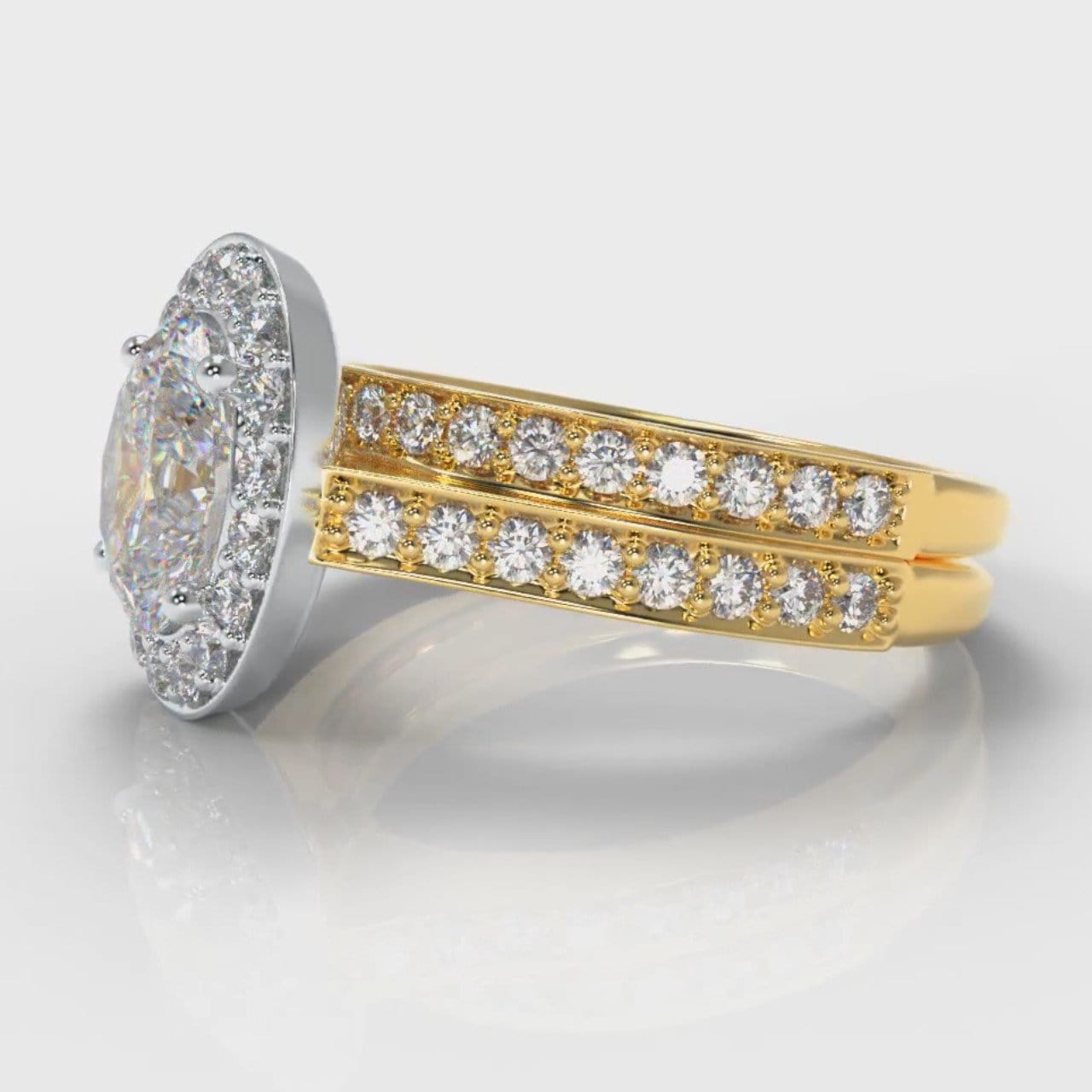 Pavé Oval Diamond Halo Bridal Set - Two Tone Yellow Gold