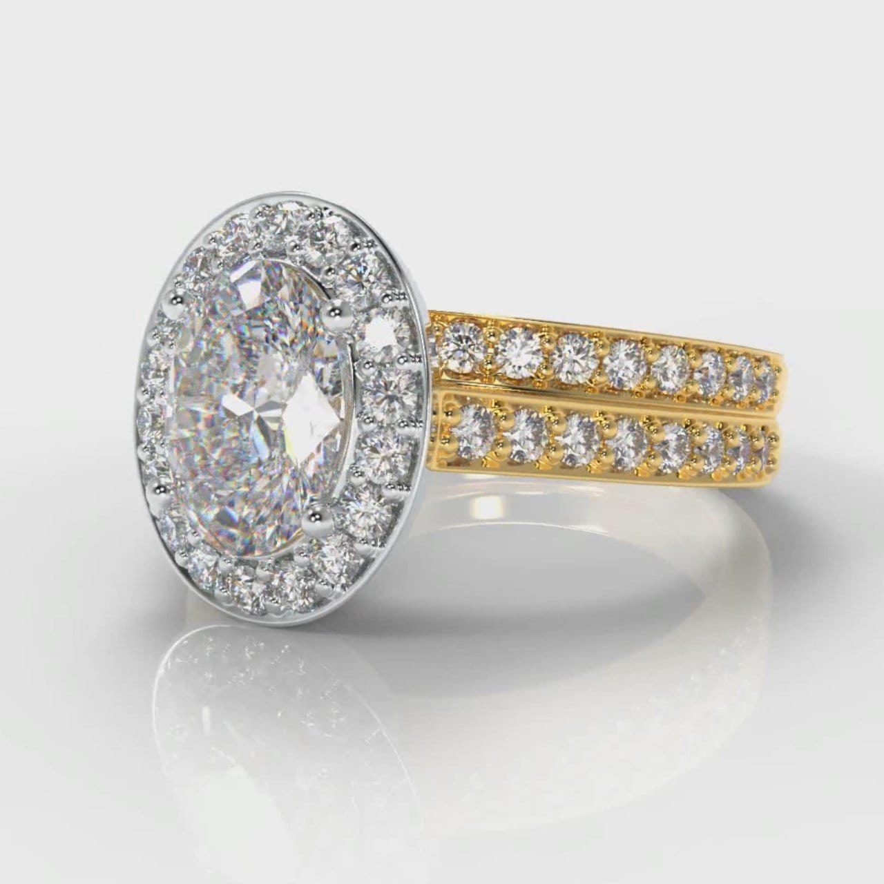Pavé Oval Diamond Halo Bridal Set - Two Tone Yellow Gold