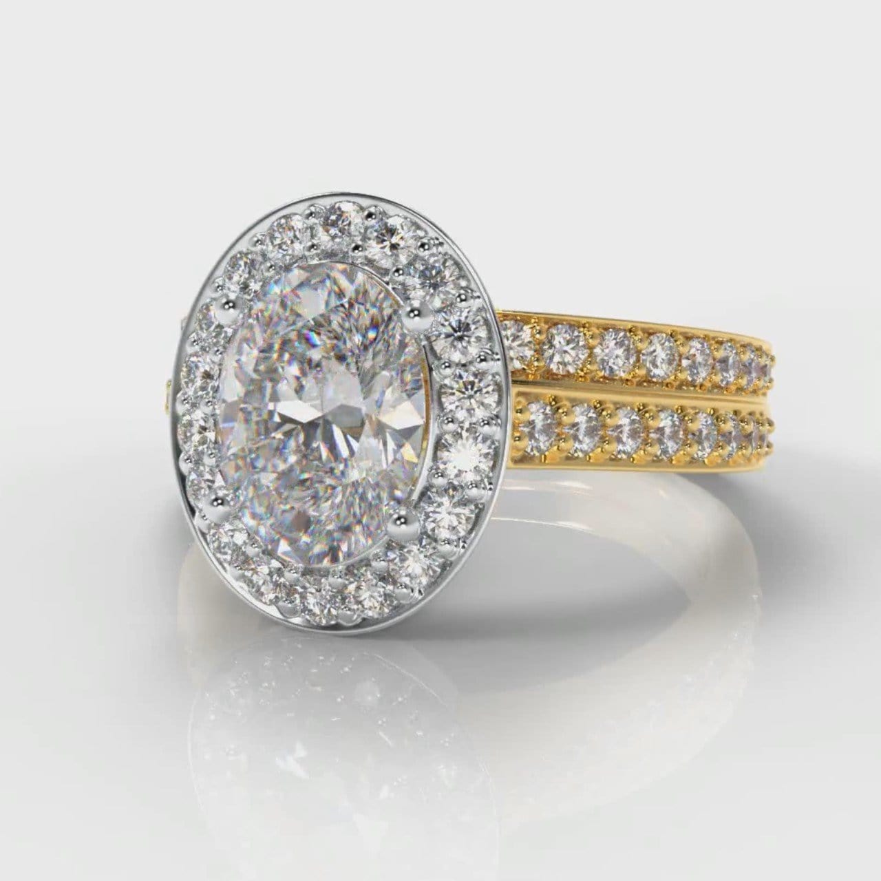 Pavé Oval Diamond Halo Bridal Set - Two Tone Yellow Gold