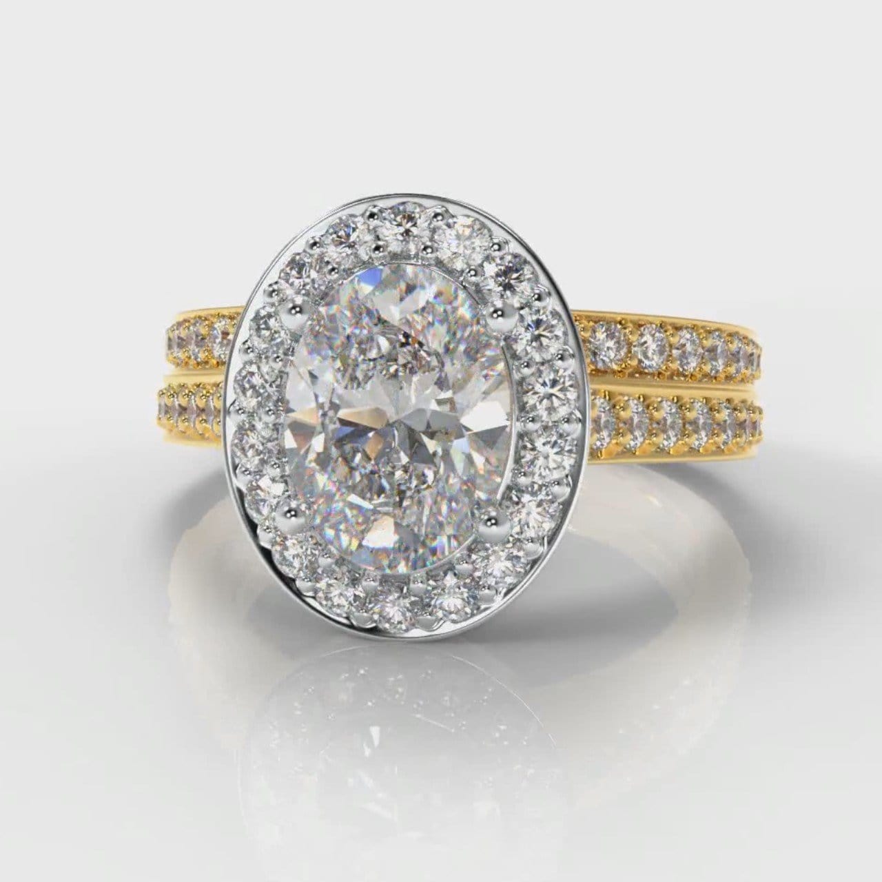 Pavé Oval Diamond Halo Bridal Set - Two Tone Yellow Gold