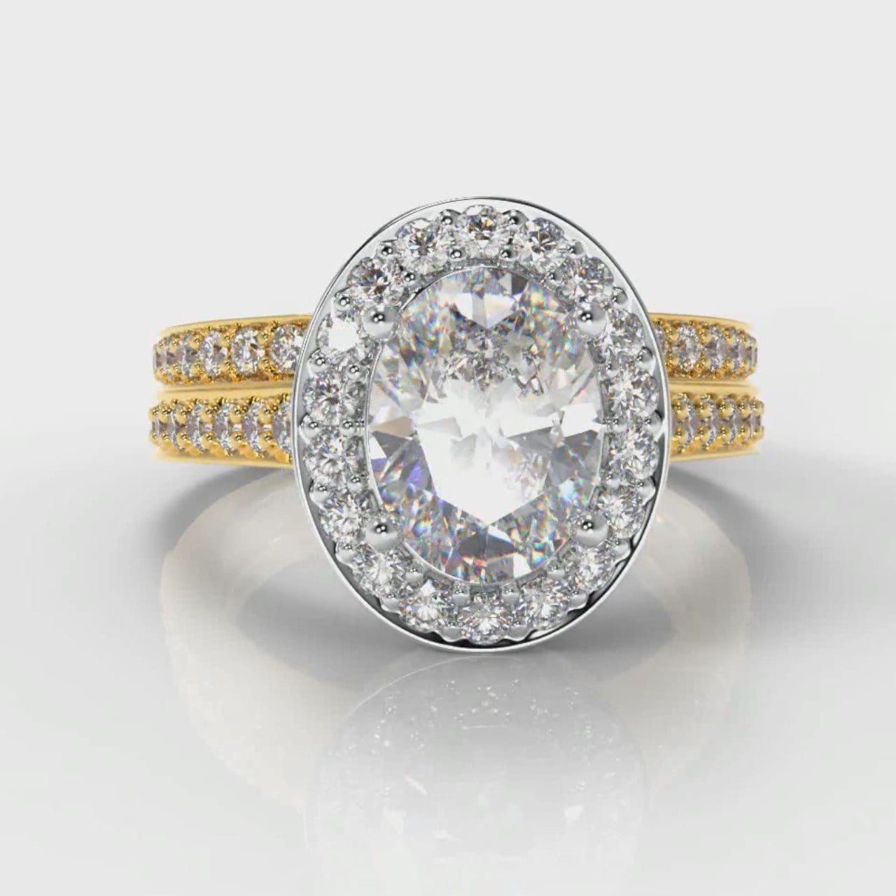 Pavé Oval Diamond Halo Bridal Set - Two Tone Yellow Gold