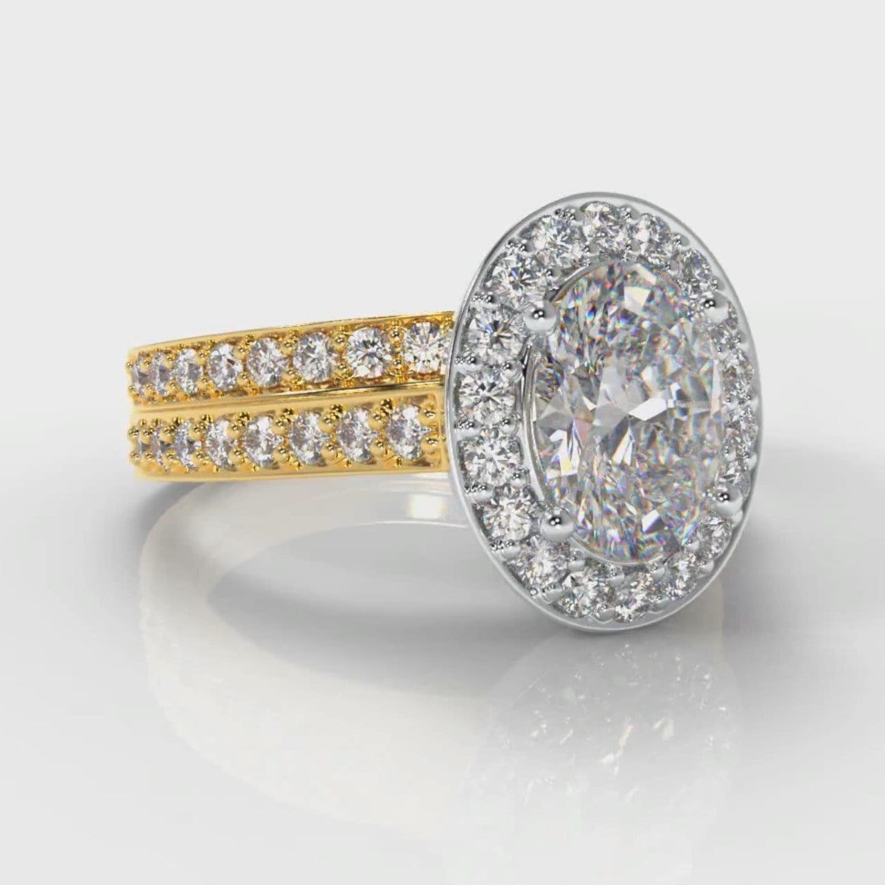 Pavé Oval Diamond Halo Bridal Set - Two Tone Yellow Gold