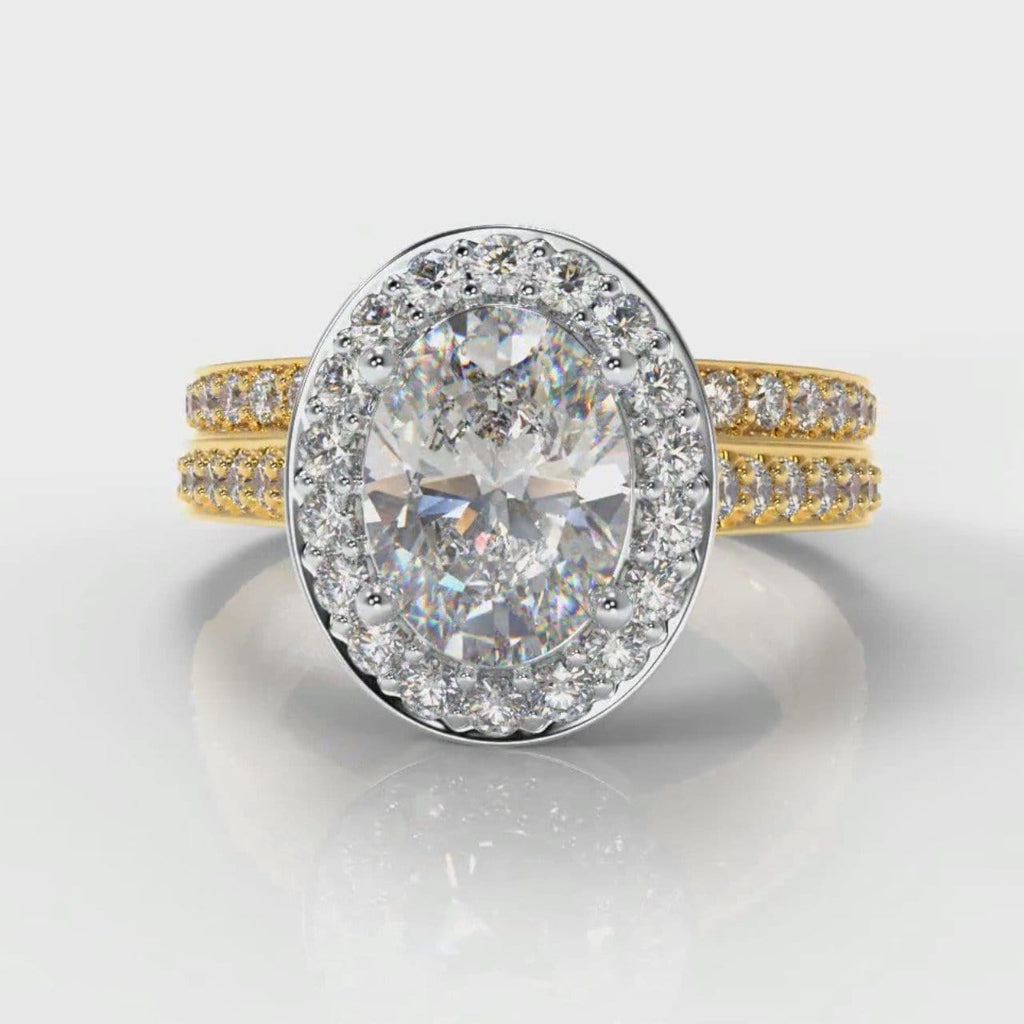 Pavé Oval Diamond Halo Bridal Set - Two Tone Yellow Gold