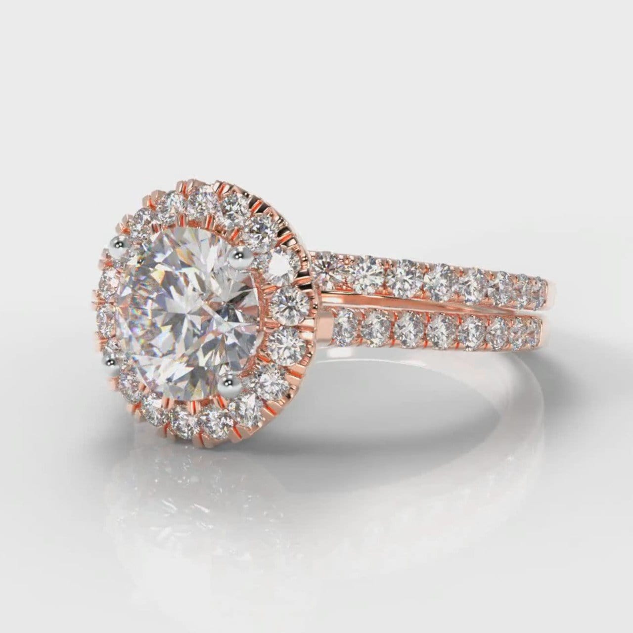 Petite Micropavé Round Brilliant Cut Diamond Halo Bridal Set - Rose Gold