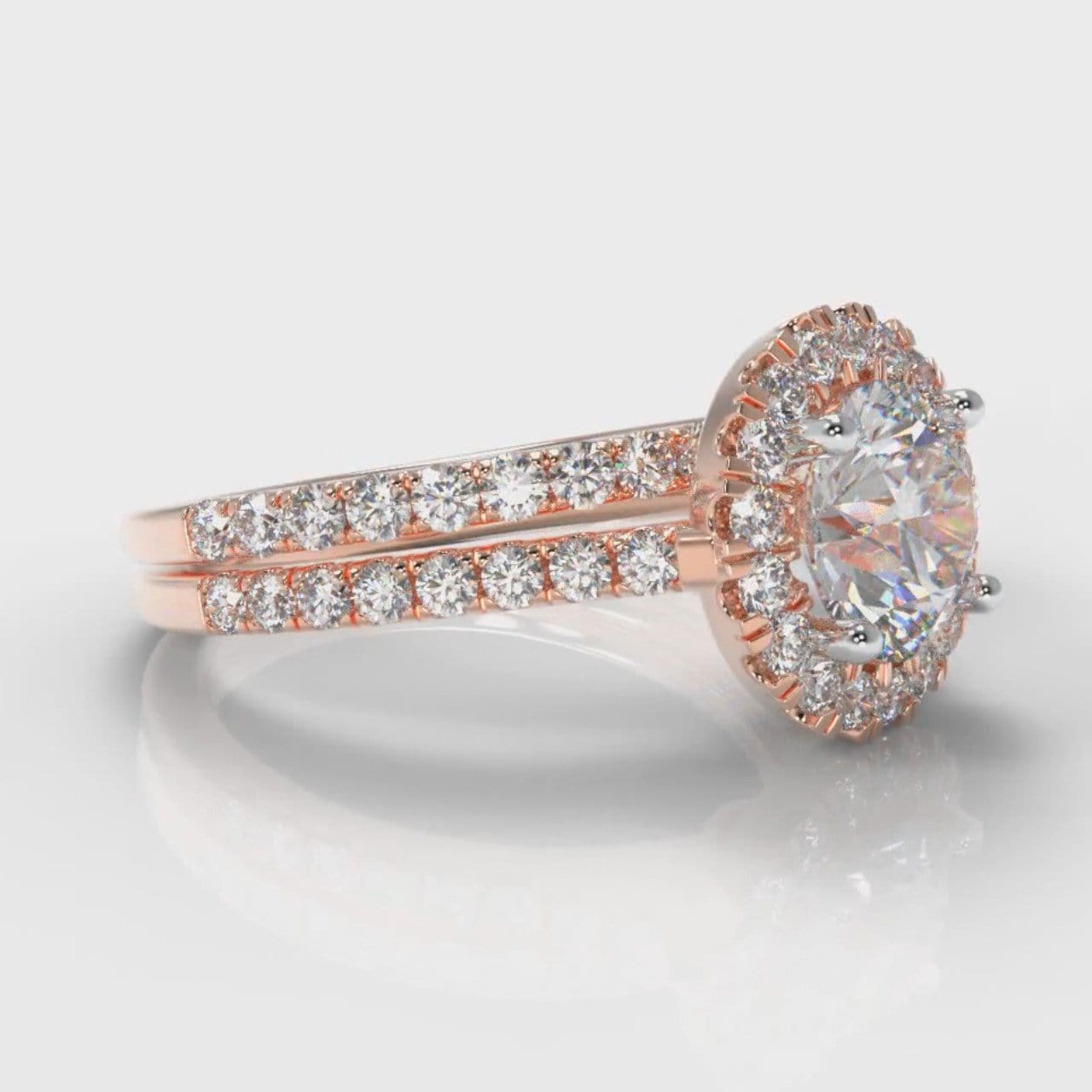 Petite Micropavé Round Brilliant Cut Diamond Halo Bridal Set - Rose Gold