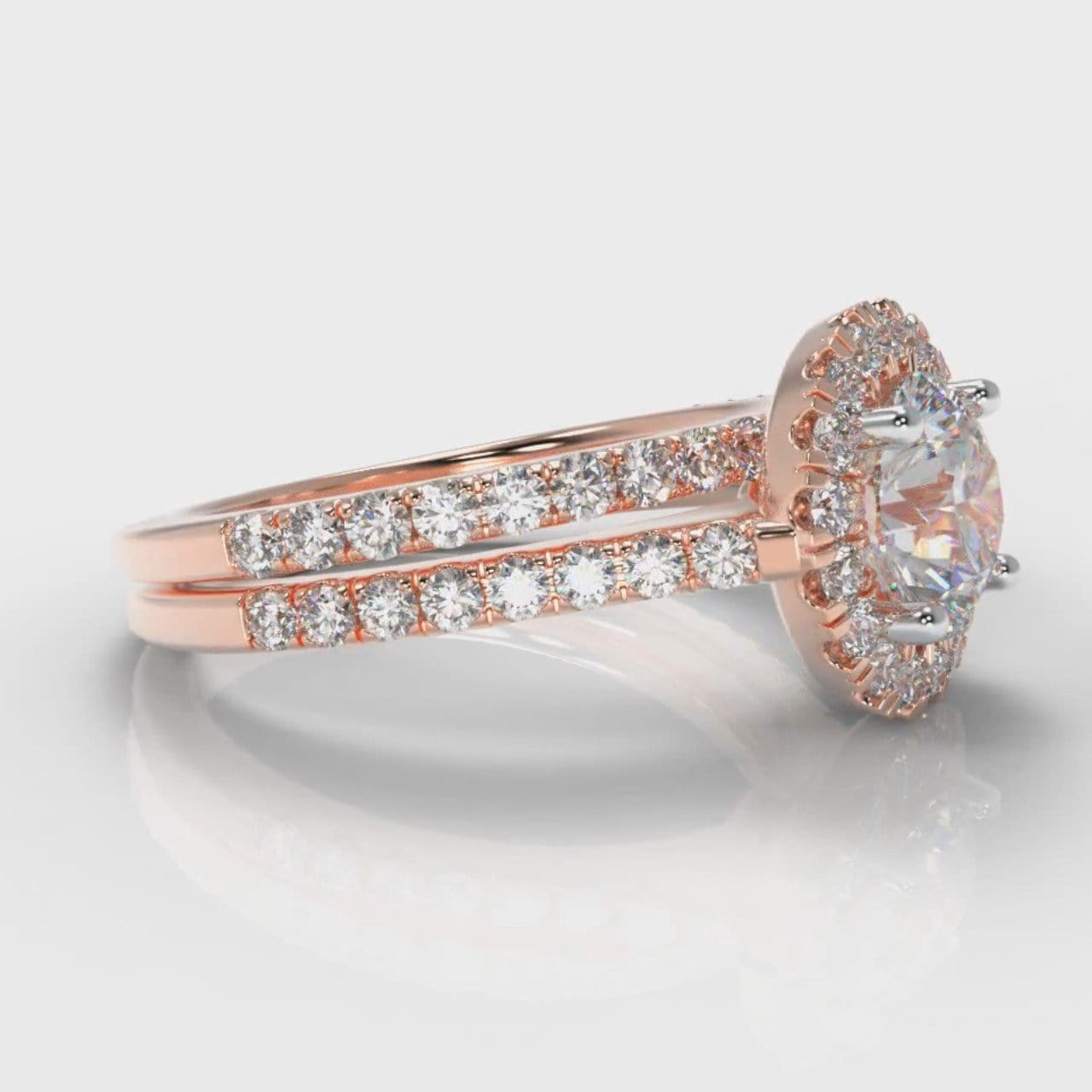 Petite Micropavé Round Brilliant Cut Diamond Halo Bridal Set - Rose Gold