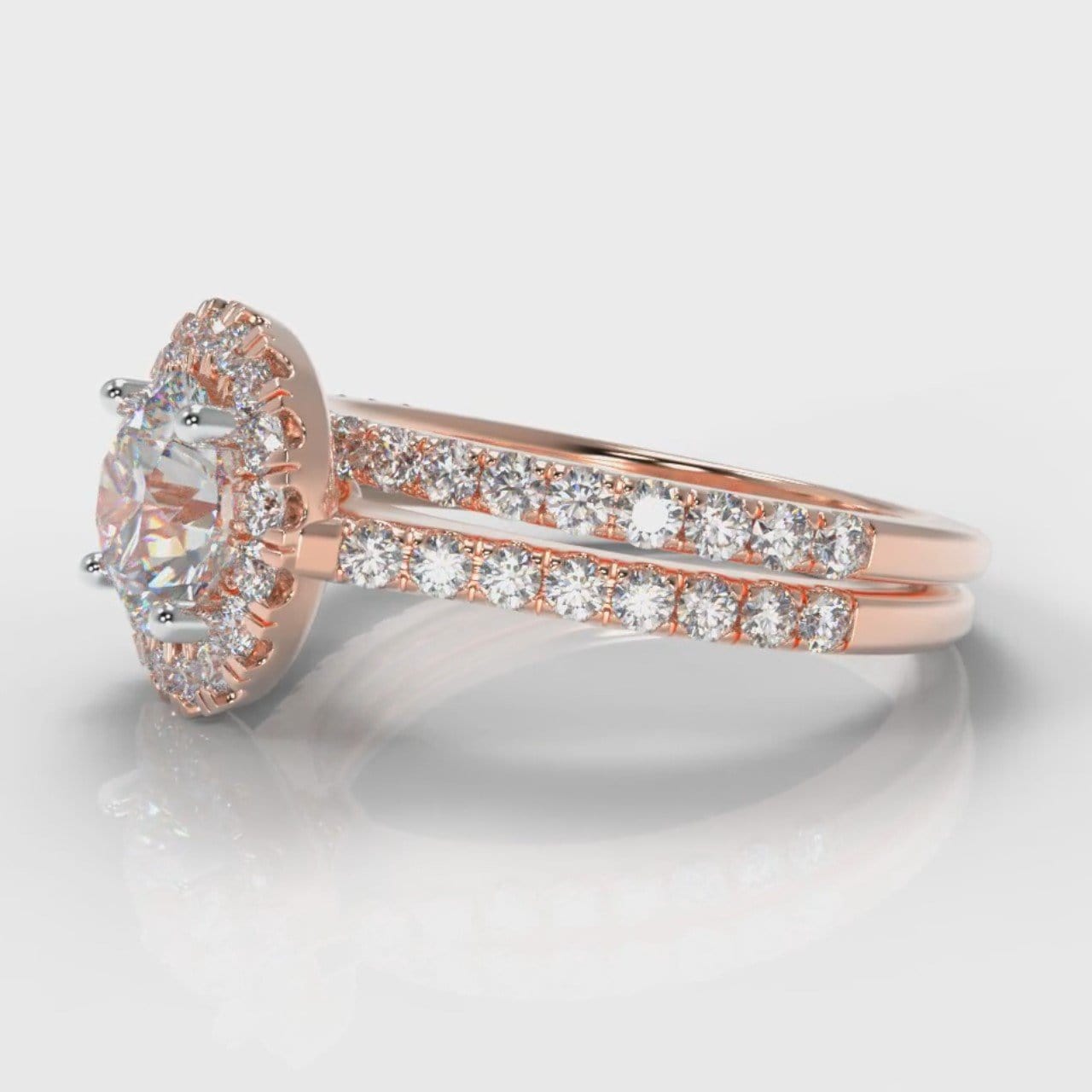 Petite Micropavé Round Brilliant Cut Diamond Halo Bridal Set - Rose Gold