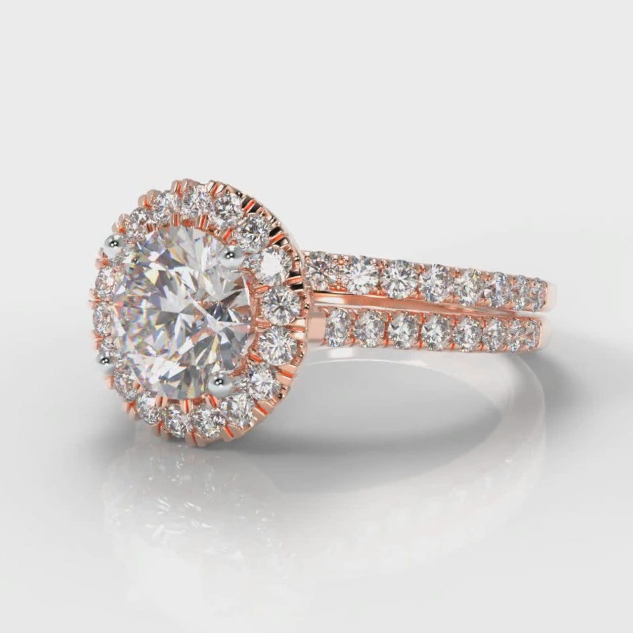Petite Micropavé Round Brilliant Cut Diamond Halo Bridal Set - Rose Gold