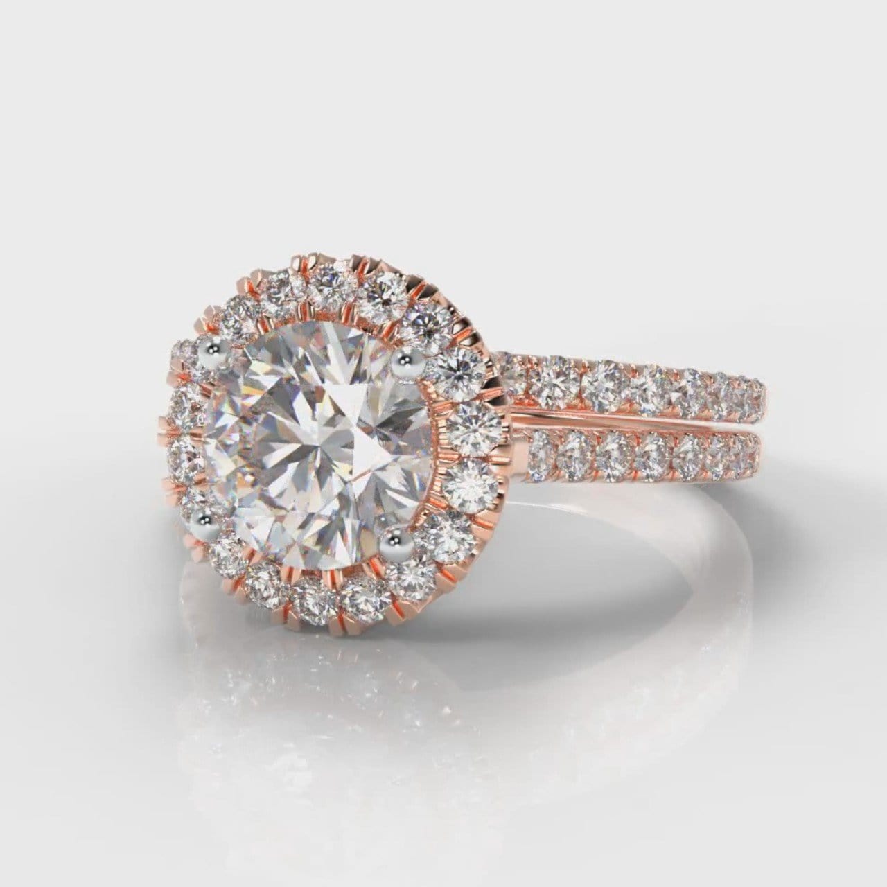 Petite Micropavé Round Brilliant Cut Diamond Halo Bridal Set - Rose Gold