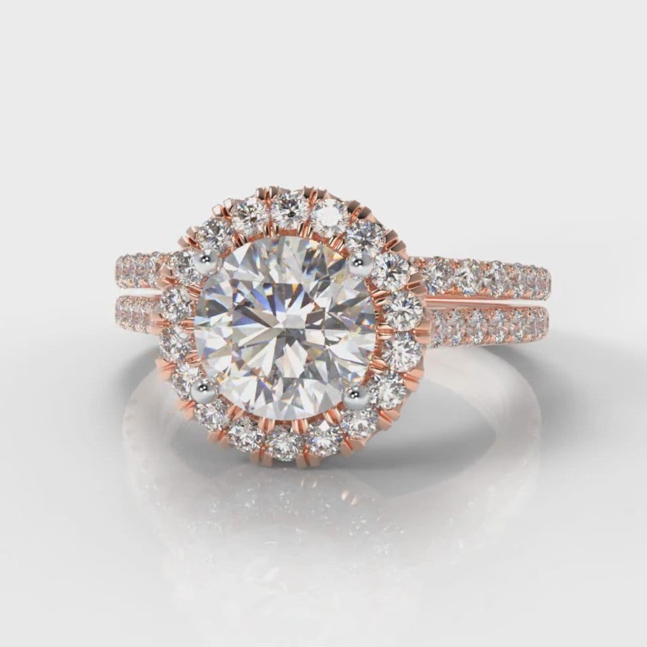 Petite Micropavé Round Brilliant Cut Diamond Halo Bridal Set - Rose Gold