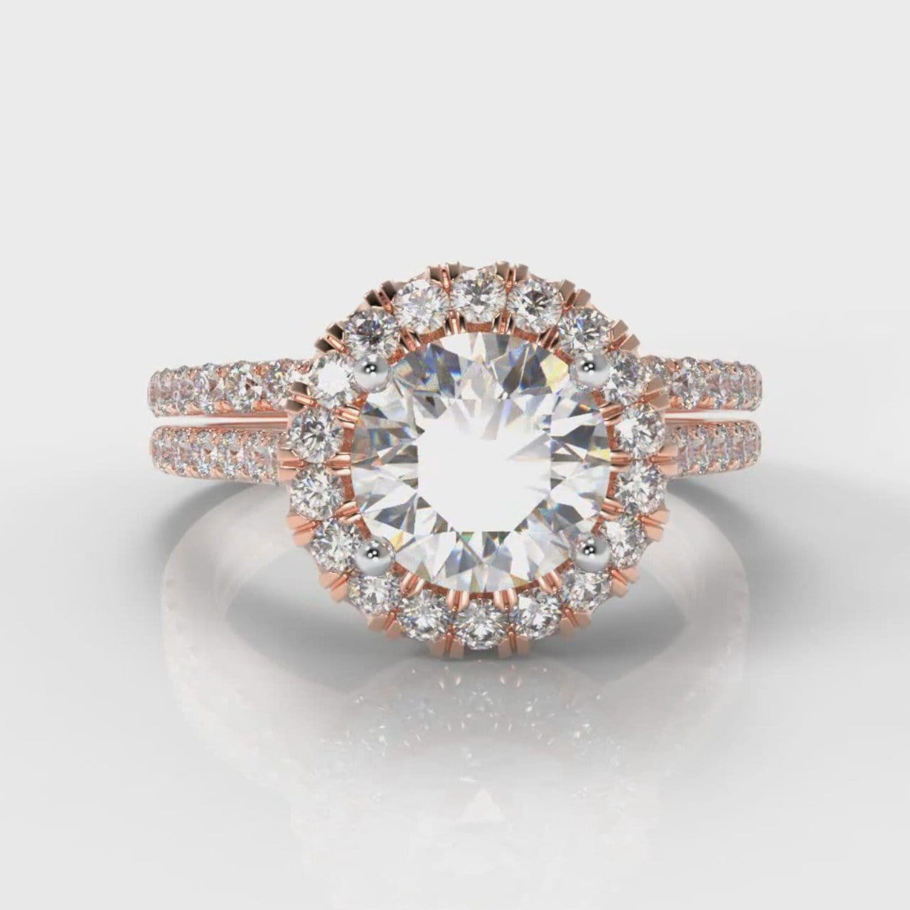 Petite Micropavé Round Brilliant Cut Diamond Halo Bridal Set - Rose Gold