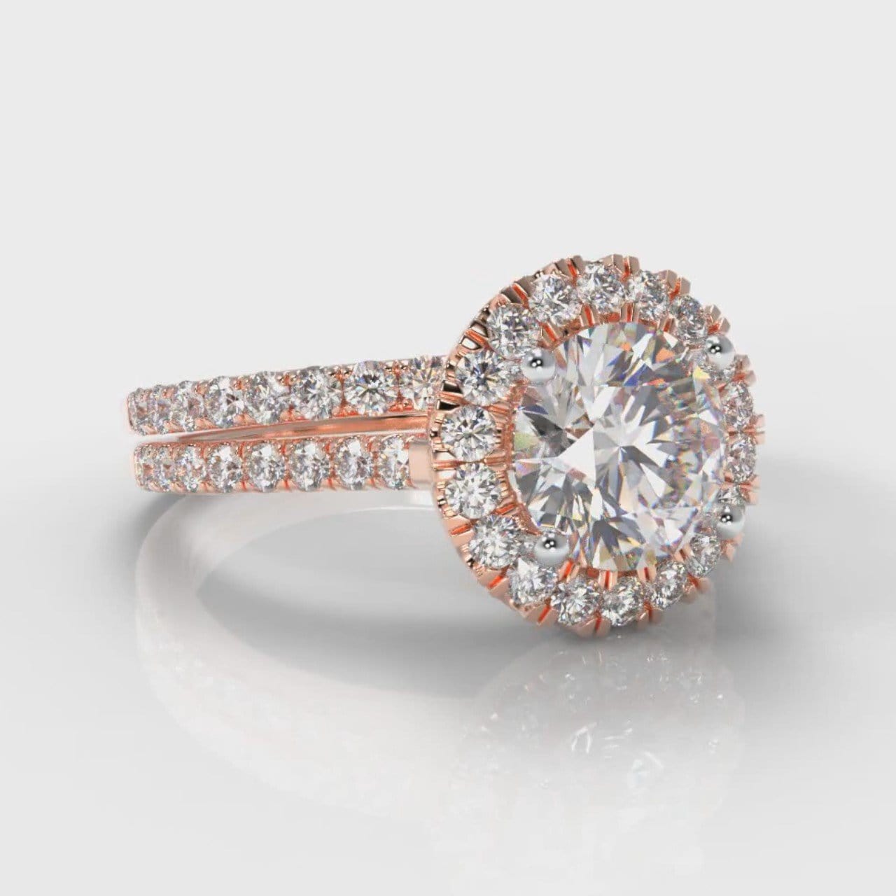 Petite Micropavé Round Brilliant Cut Diamond Halo Bridal Set - Rose Gold