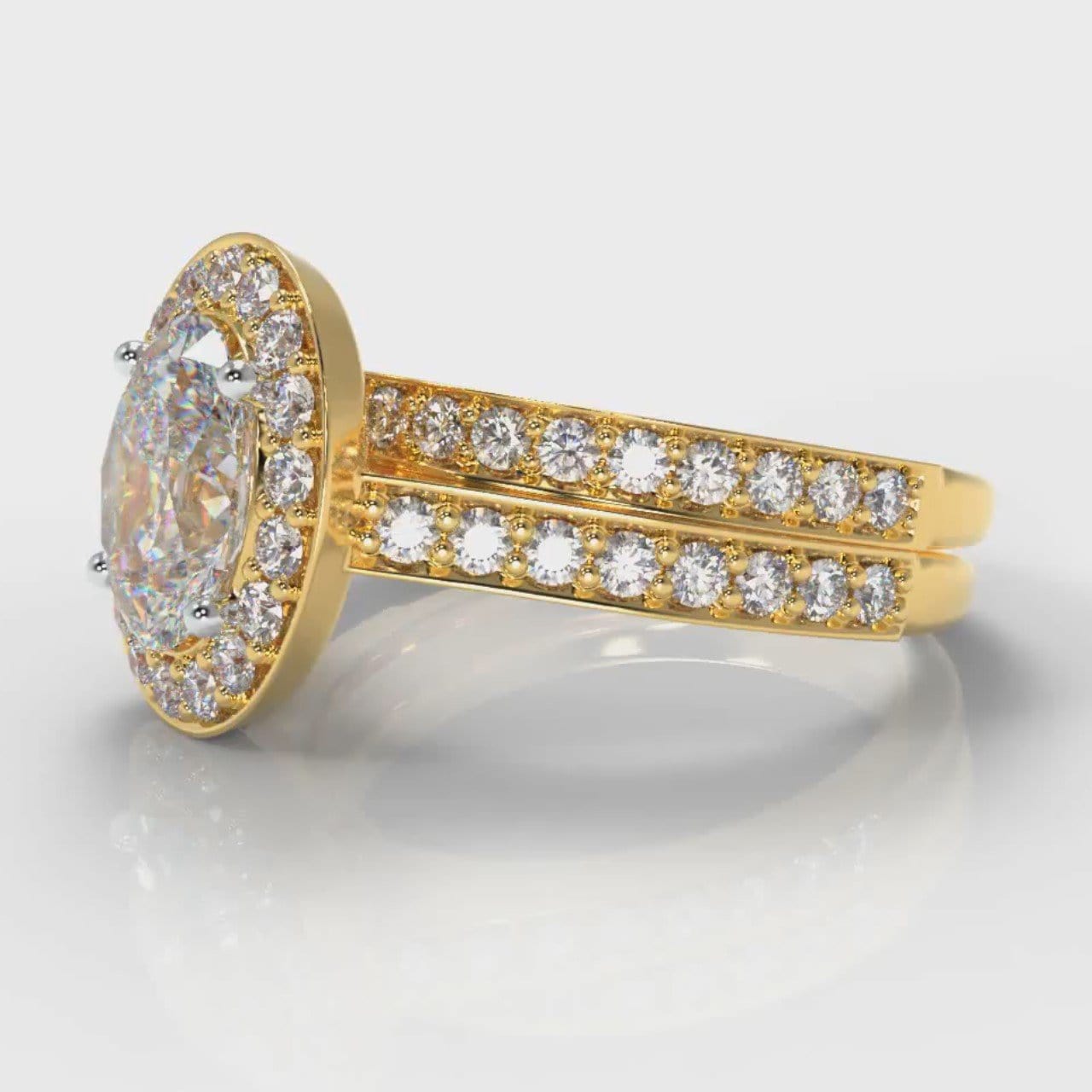 Pavé Oval Diamond Halo Bridal Set - Yellow Gold