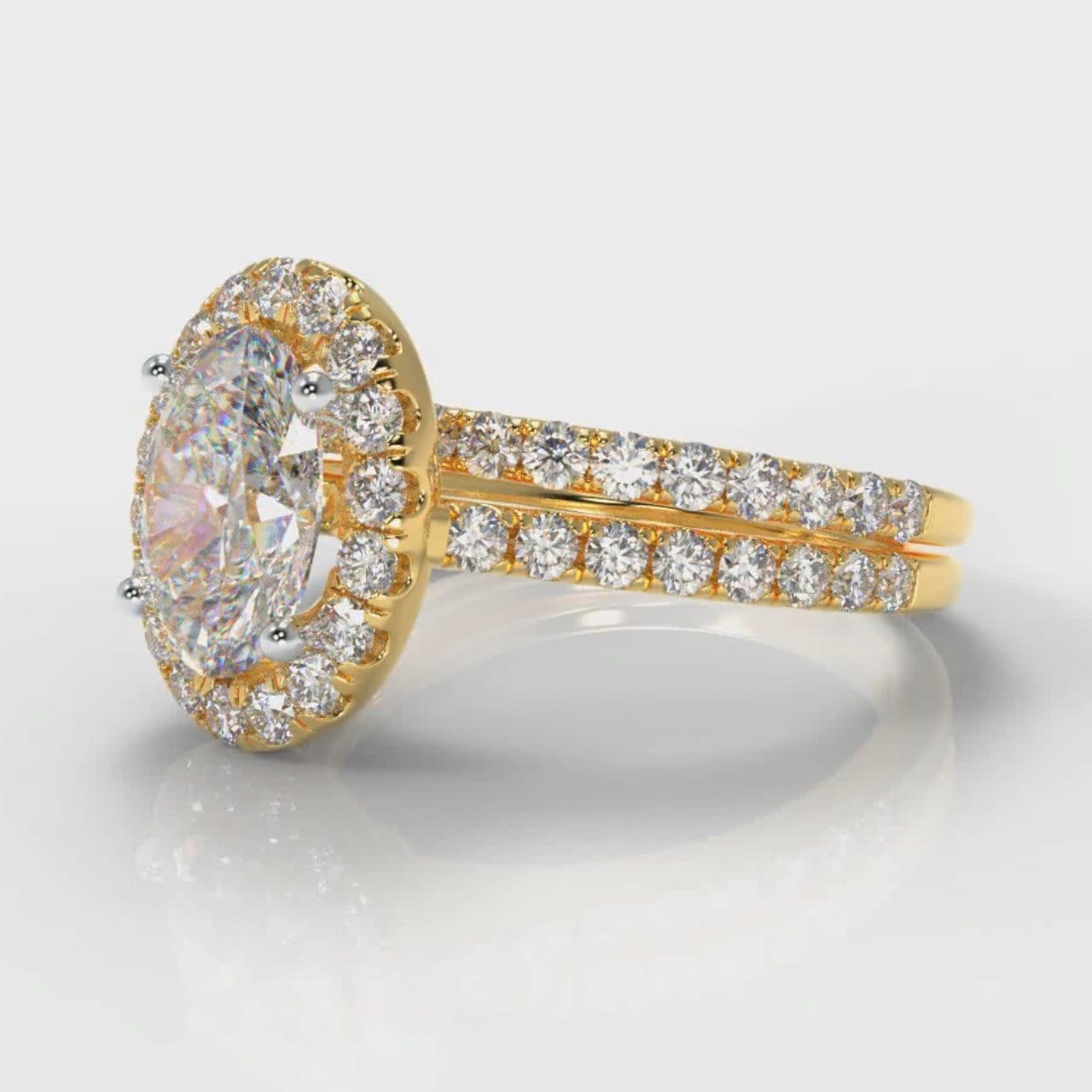 Petite Micropavé Oval Diamond Halo Bridal Set - Yellow Gold