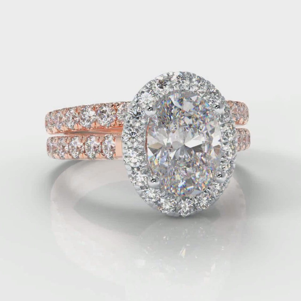 Micropavé Oval Diamond Halo Bridal Set - Two Tone Rose Gold