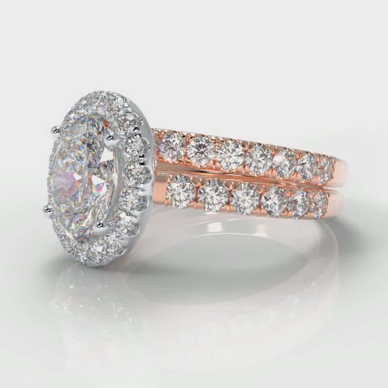 Micropavé Oval Diamond Halo Bridal Set - Two Tone Rose Gold