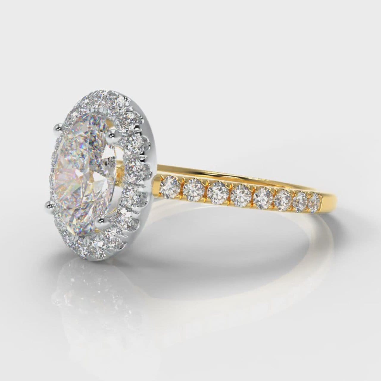 Petite Micropavé Oval Diamond Halo Engagement Ring - Two Tone Yellow Gold