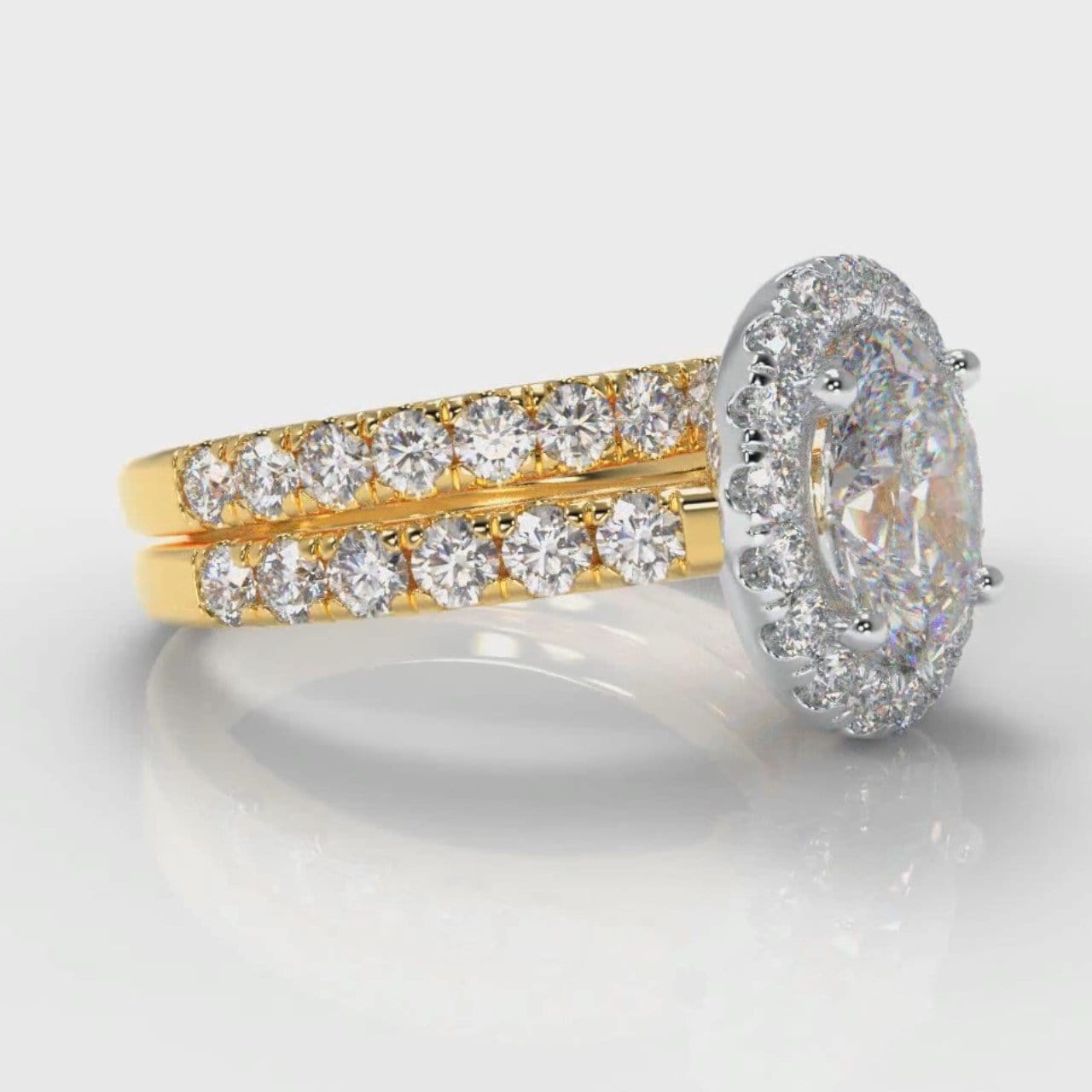 Micropavé Oval Diamond Halo Bridal Set - Two Tone Yellow Gold
