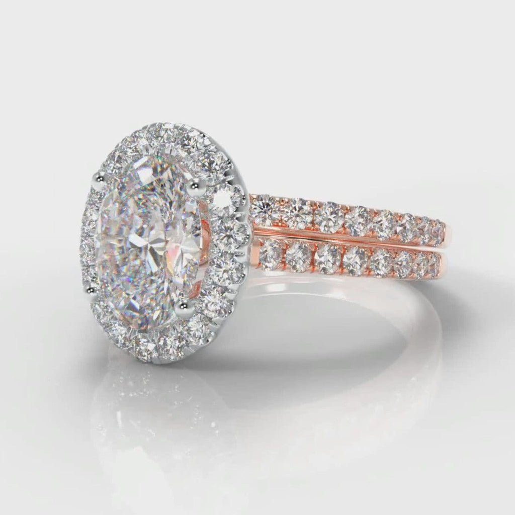 Petite Micropavé Oval Diamond Halo Bridal Set - Two Tone Rose Gold
