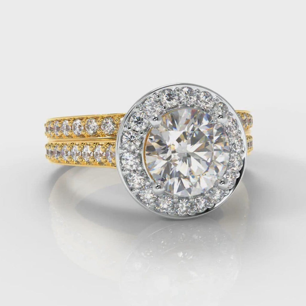Pavé Round Brilliant Diamond Halo Bridal Set - Two Tone Yellow Gold