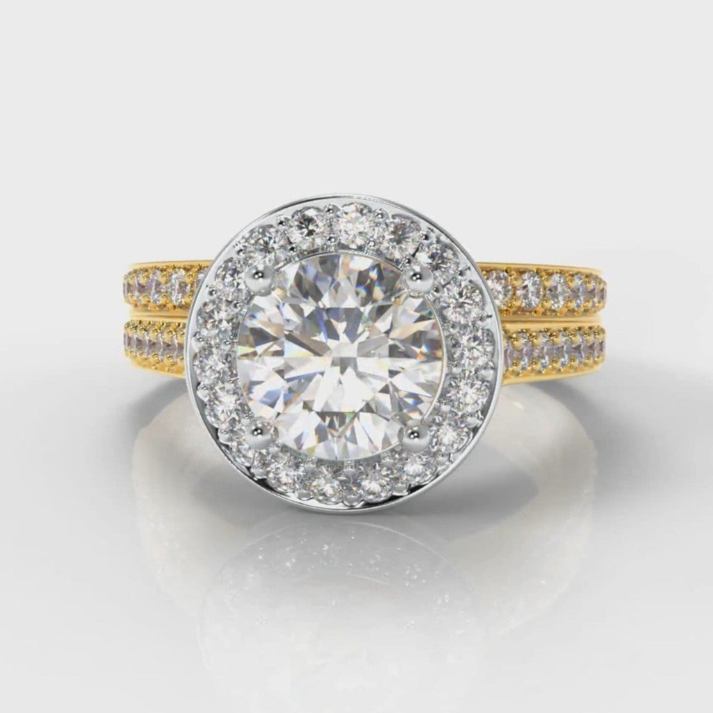 Pavé Round Brilliant Diamond Halo Bridal Set - Two Tone Yellow Gold