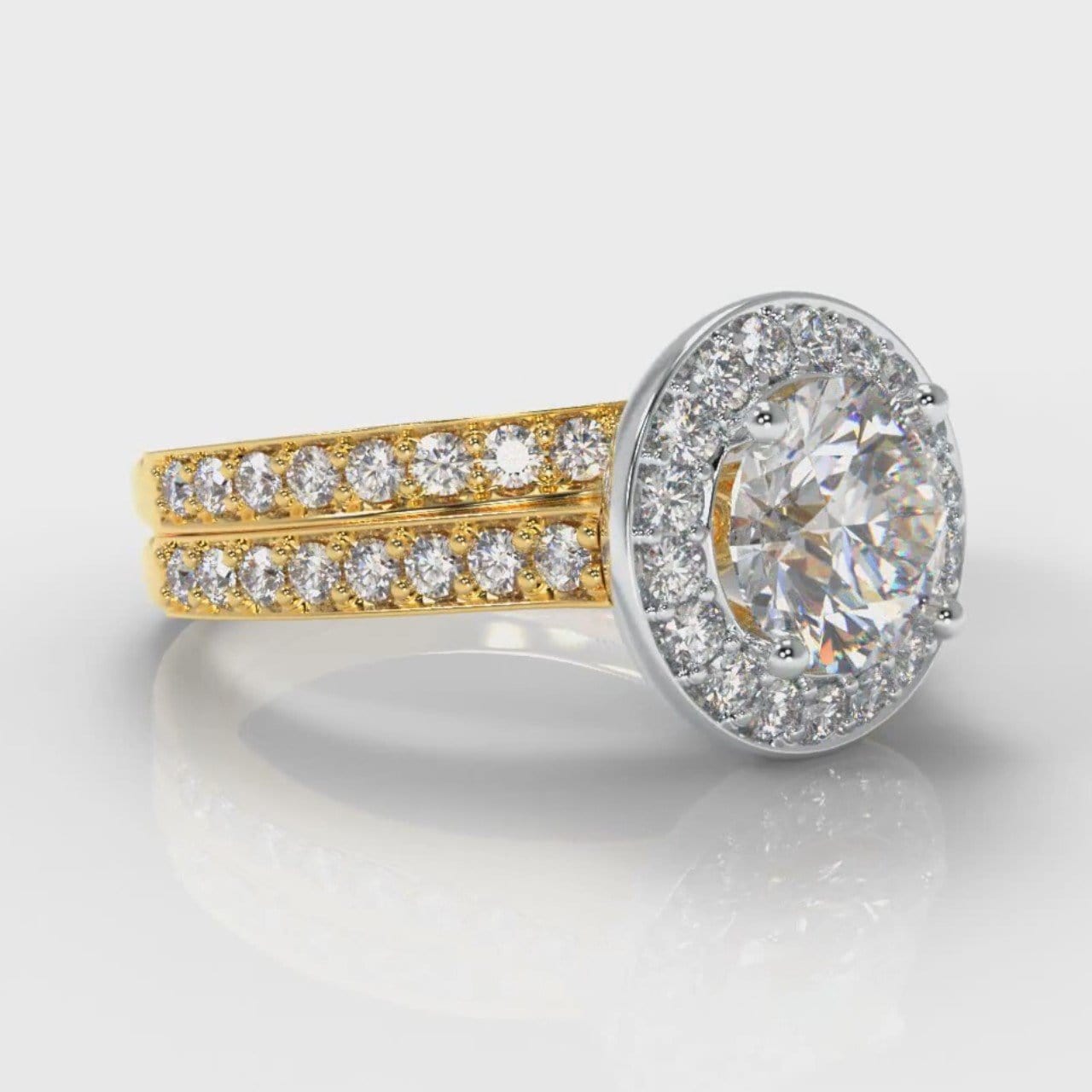 Pavé Round Brilliant Diamond Halo Bridal Set - Two Tone Yellow Gold