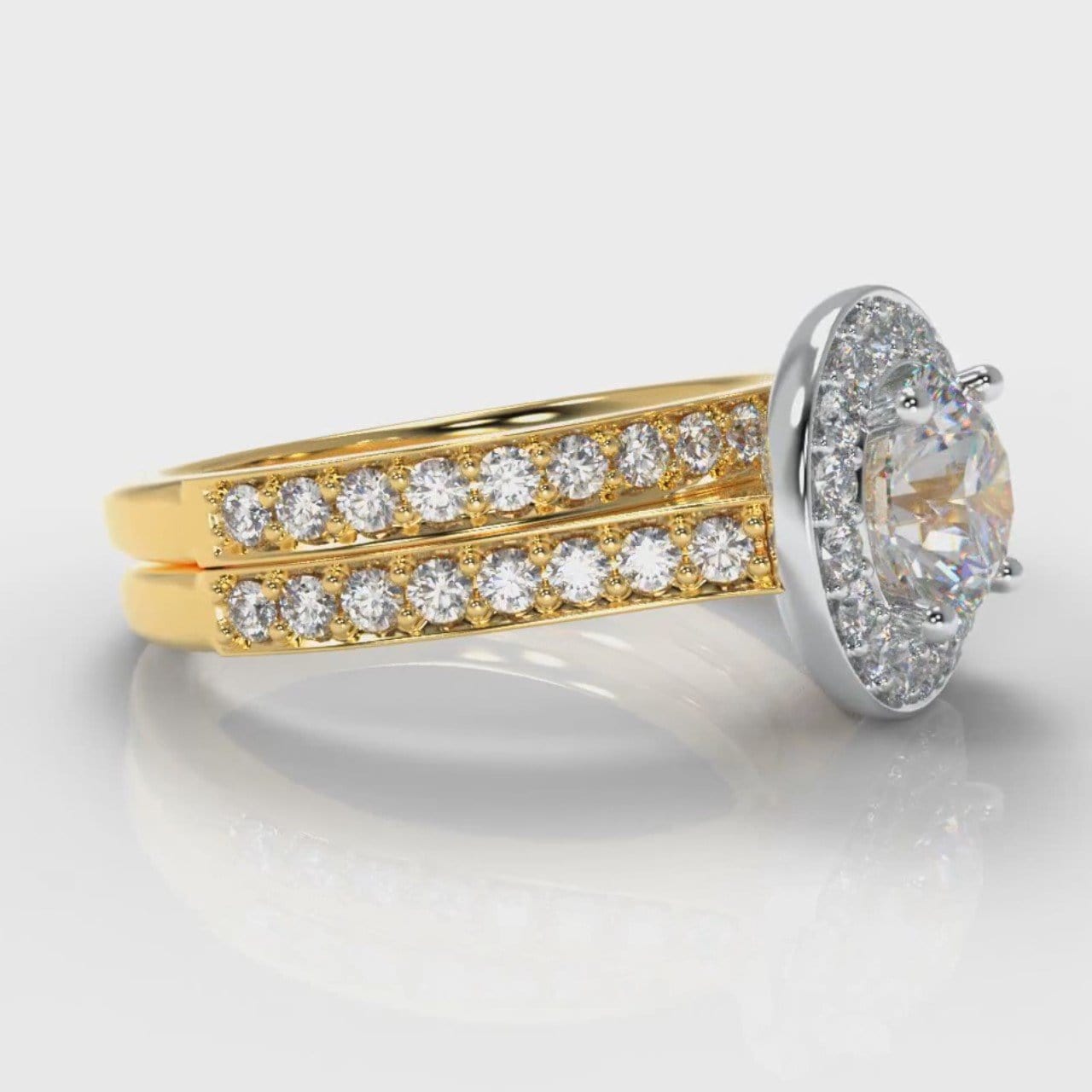 Pavé Round Brilliant Diamond Halo Bridal Set - Two Tone Yellow Gold