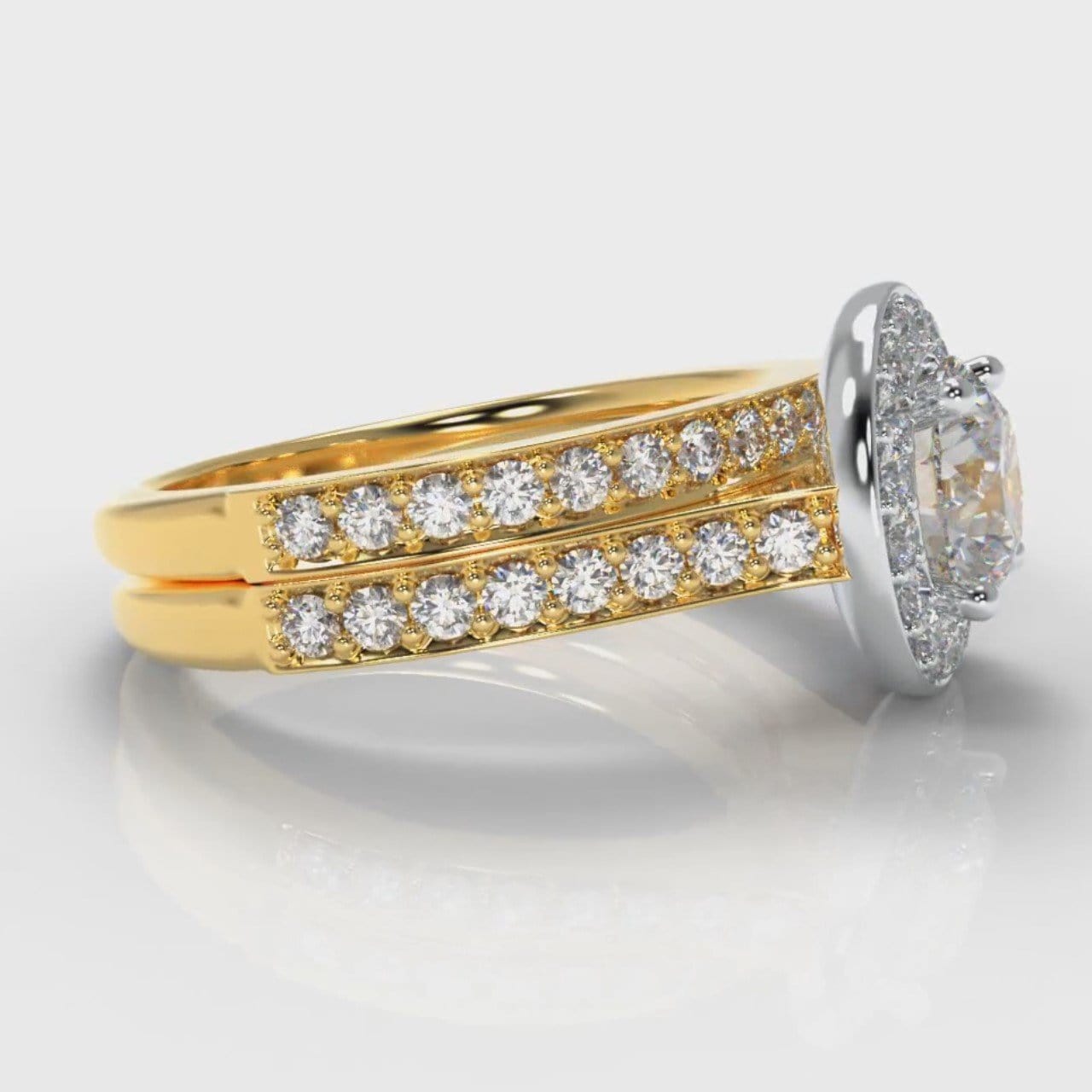 Pavé Round Brilliant Diamond Halo Bridal Set - Two Tone Yellow Gold