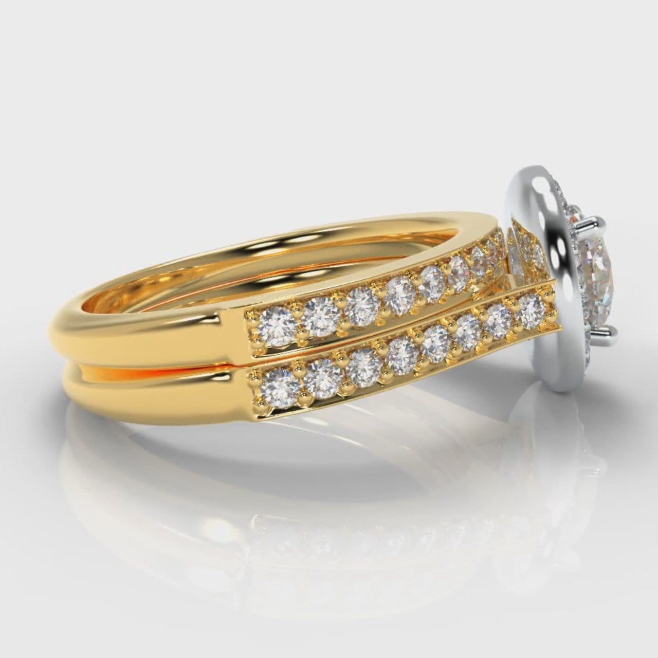 Pavé Round Brilliant Diamond Halo Bridal Set - Two Tone Yellow Gold