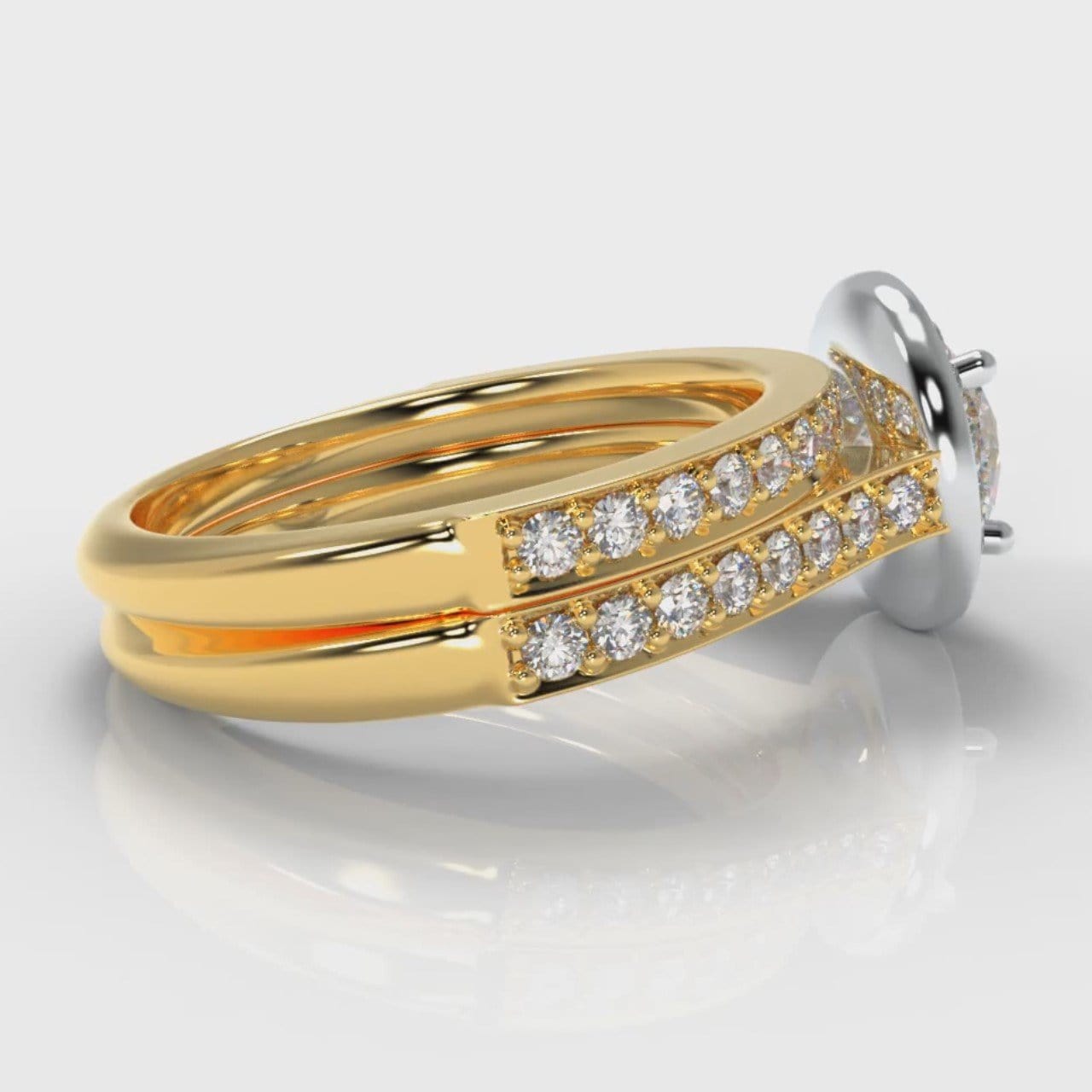 Pavé Round Brilliant Diamond Halo Bridal Set - Two Tone Yellow Gold