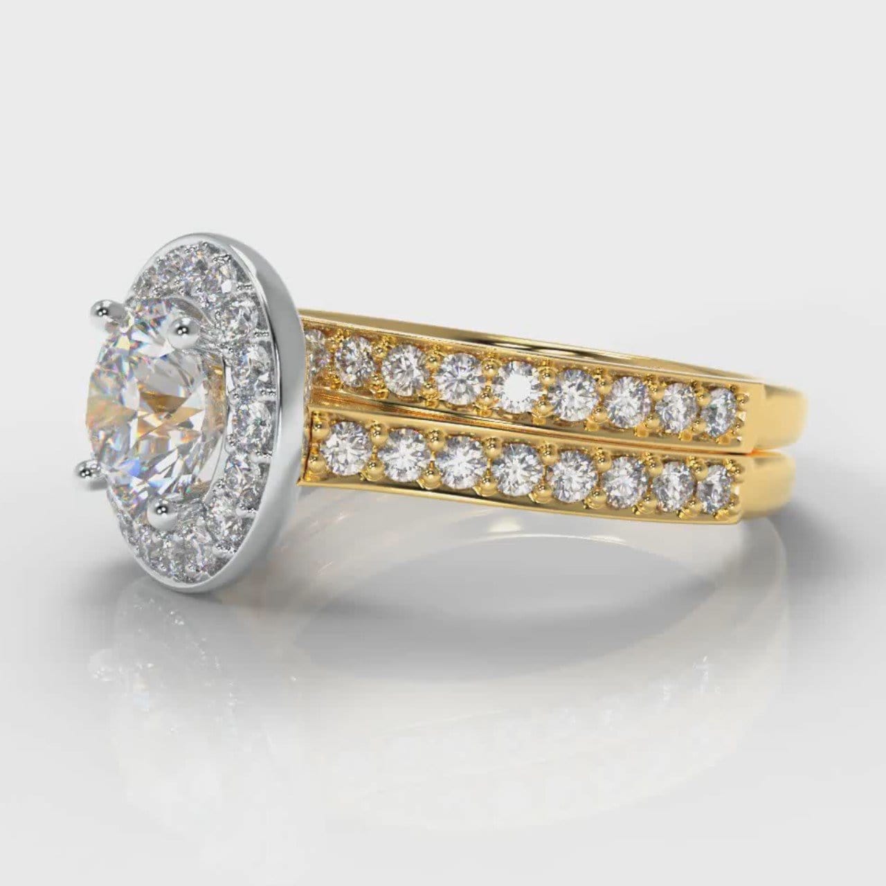 Pavé Round Brilliant Diamond Halo Bridal Set - Two Tone Yellow Gold