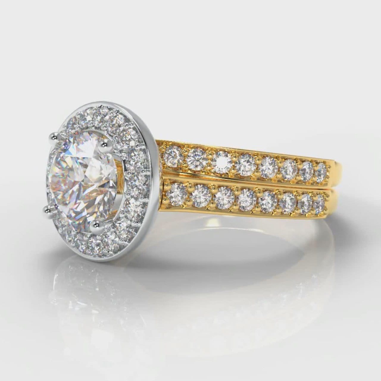 Pavé Round Brilliant Diamond Halo Bridal Set - Two Tone Yellow Gold