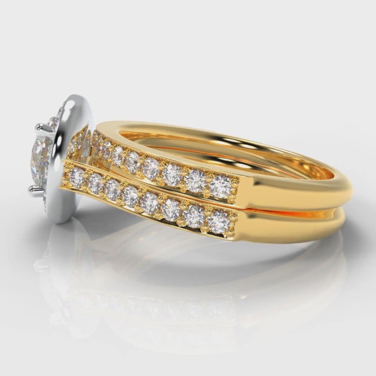 Pavé Round Brilliant Diamond Halo Bridal Set - Two Tone Yellow Gold