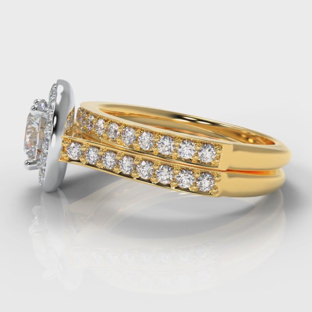 Pavé Round Brilliant Diamond Halo Bridal Set - Two Tone Yellow Gold