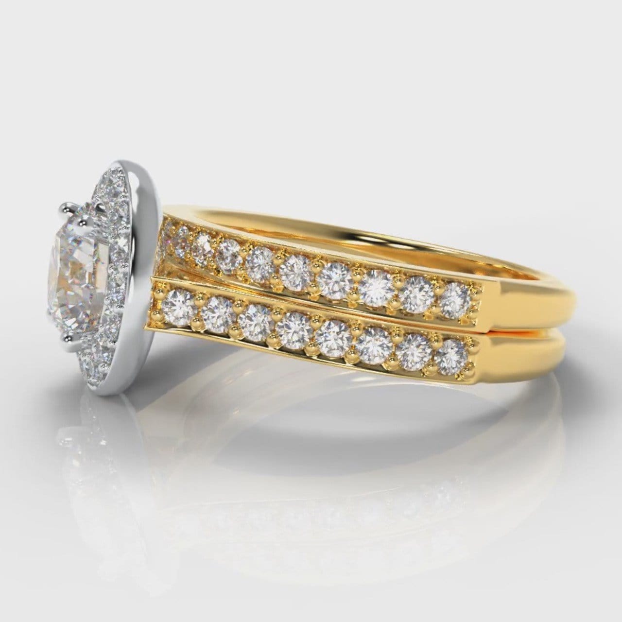 Pavé Round Brilliant Diamond Halo Bridal Set - Two Tone Yellow Gold