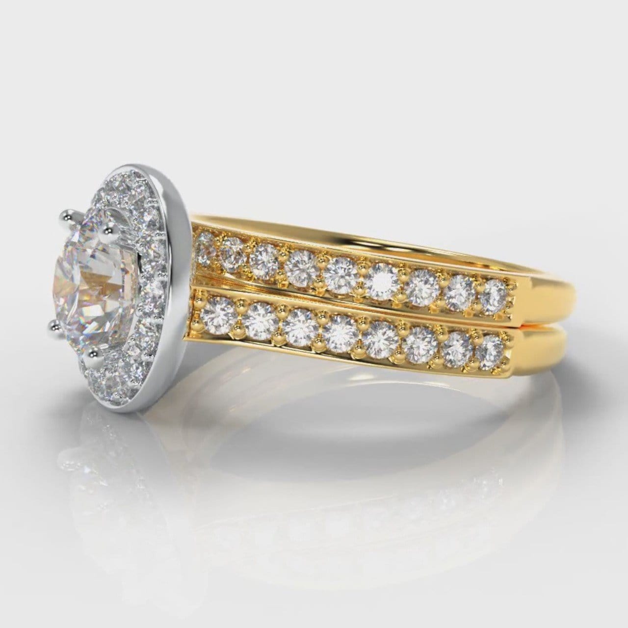Pavé Round Brilliant Diamond Halo Bridal Set - Two Tone Yellow Gold
