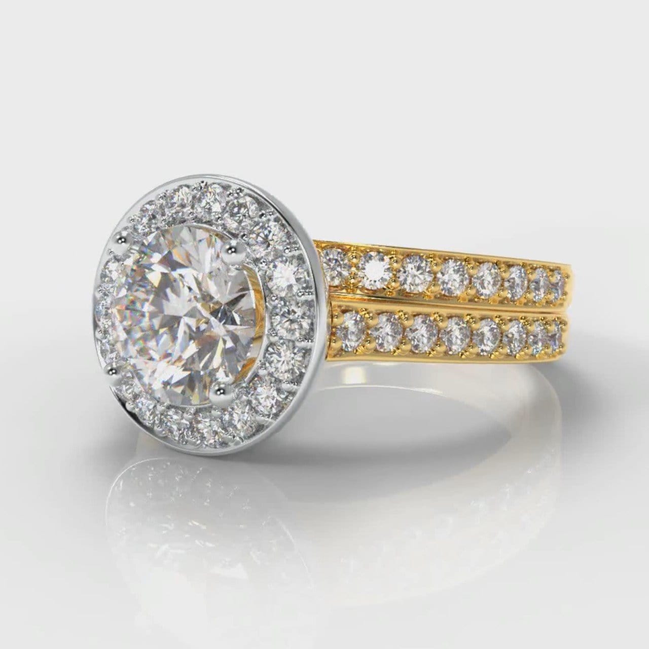 Pavé Round Brilliant Diamond Halo Bridal Set - Two Tone Yellow Gold