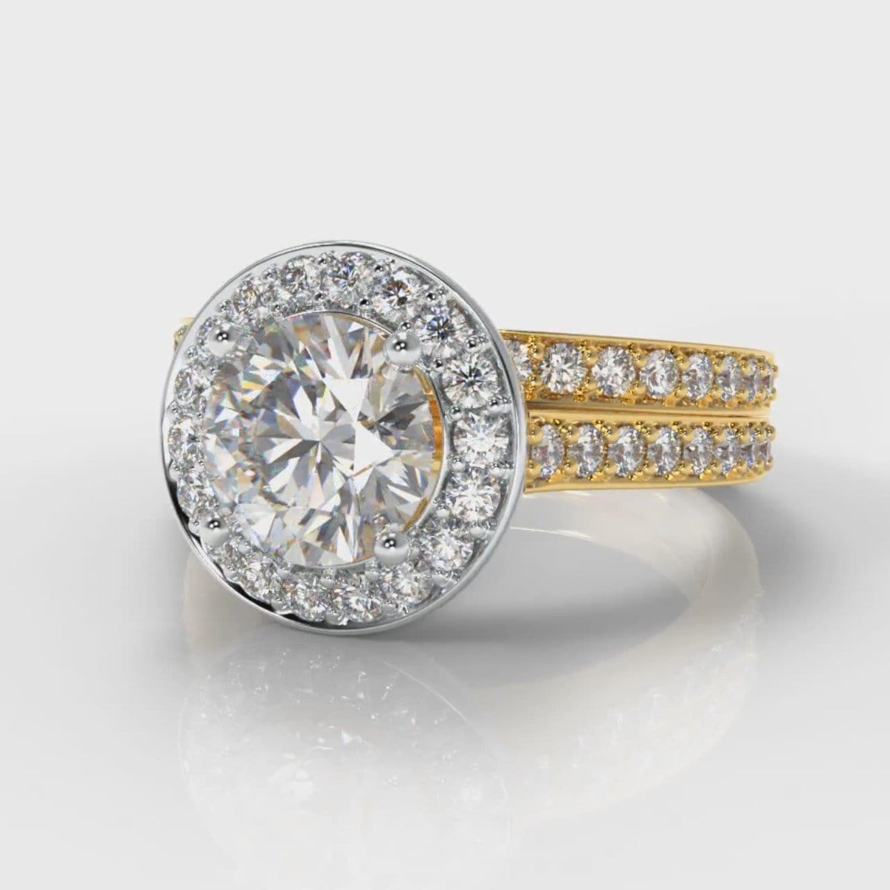 Pavé Round Brilliant Diamond Halo Bridal Set - Two Tone Yellow Gold
