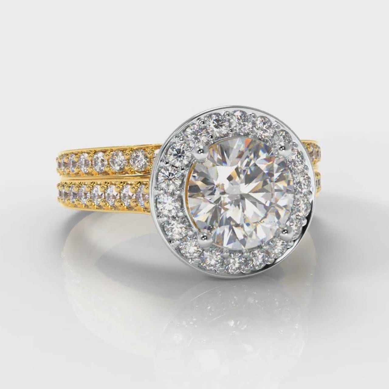 Pavé Round Brilliant Diamond Halo Bridal Set - Two Tone Yellow Gold