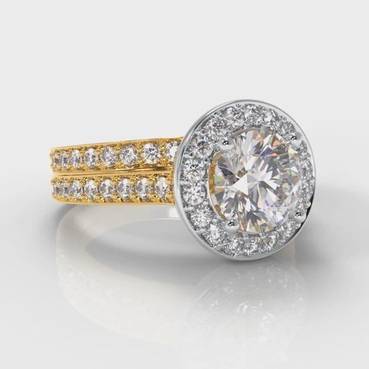 Pavé Round Brilliant Diamond Halo Bridal Set - Two Tone Yellow Gold