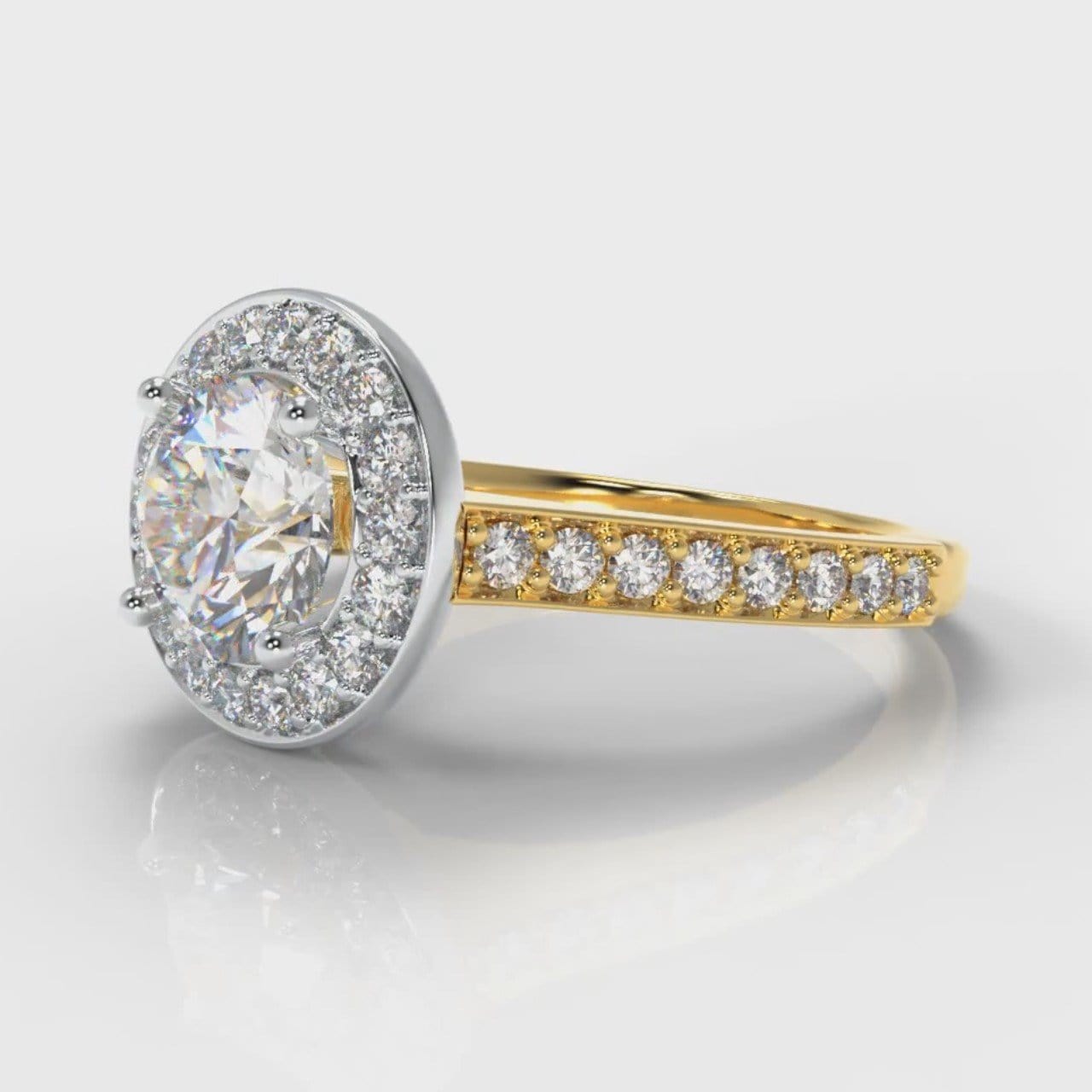Pavé Round Brilliant Diamond Halo Engagement Ring - Two Tone Yellow Gold