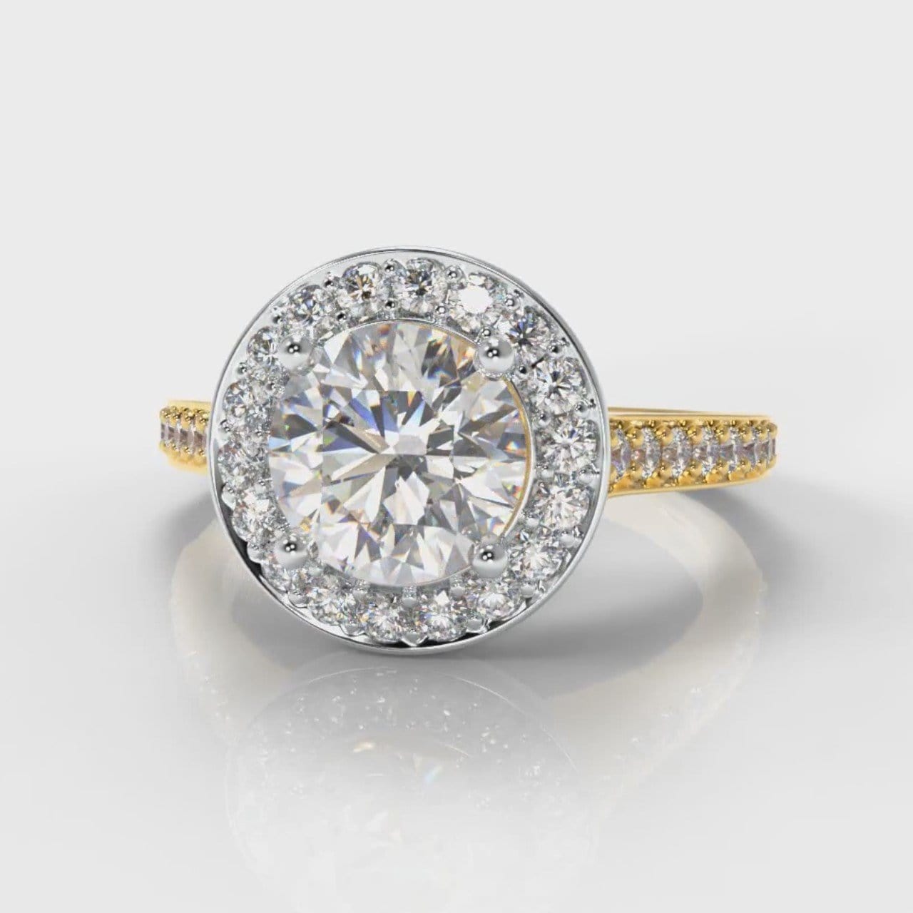 Pavé Round Brilliant Diamond Halo Engagement Ring - Two Tone Yellow Gold
